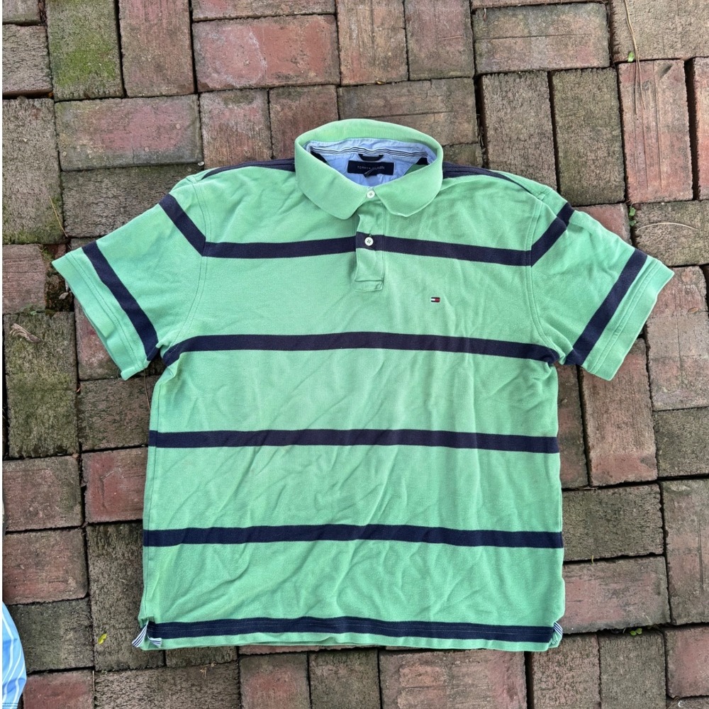 Tommy Hilfiger Mens XL Green Navy Blue Striped Short Sleeve Pique Polo Shirt